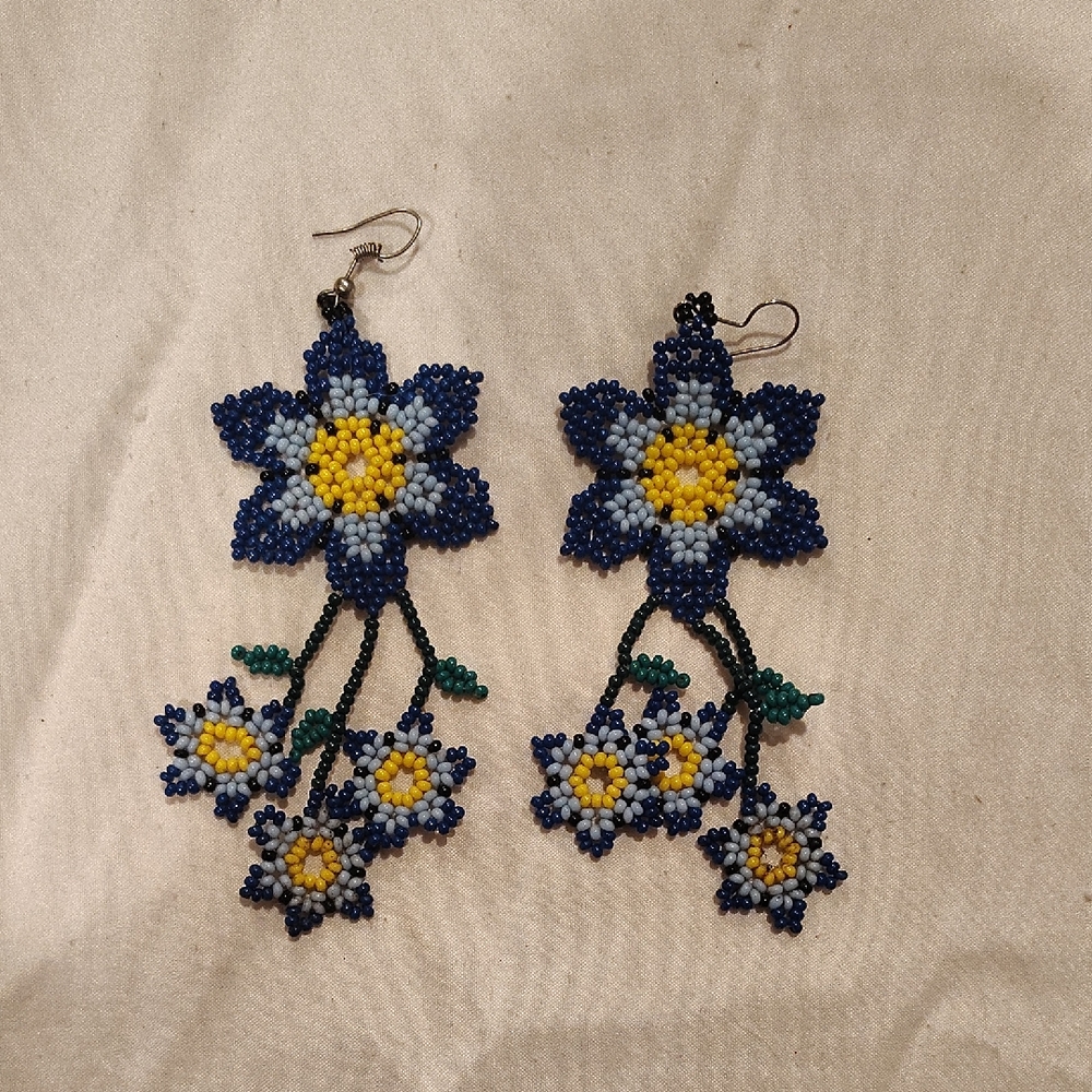 Blue and Yellow Beaded Flower Earrings
